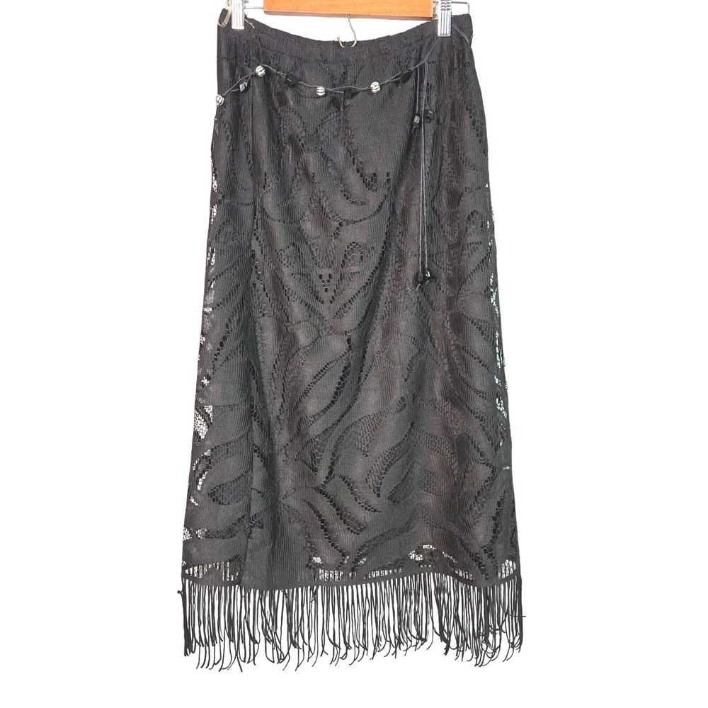 Lace Maxi‎ Skirt Women S Black Gothic Glam Beaded Fringe M3406S46
